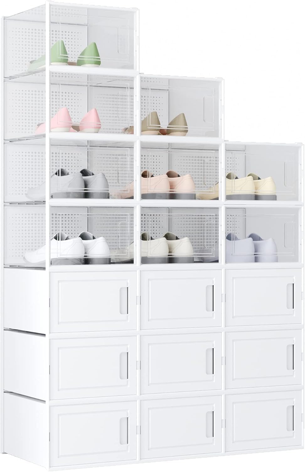 WAYTRIM 18 Pack Clear Plastic Stackable Shoe Boxes Shoes Organizer for Closet Shoe Storage Boxes Plastic Shoe Boxes With Lids Shoe Storage Containers White