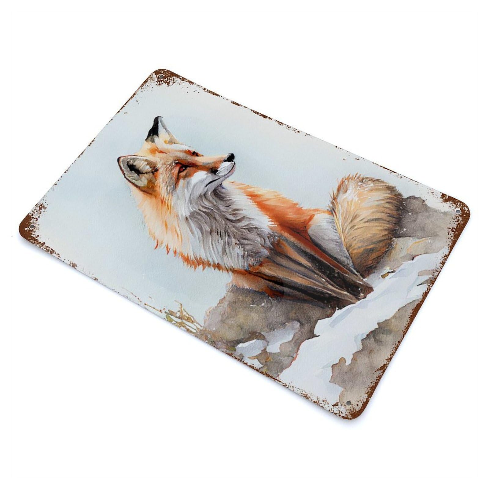 Rustic Tin Plaque Arctic Red Fox 11.8"x7.9", Rustic Home Decor for Office, Studio And Wall Decor
