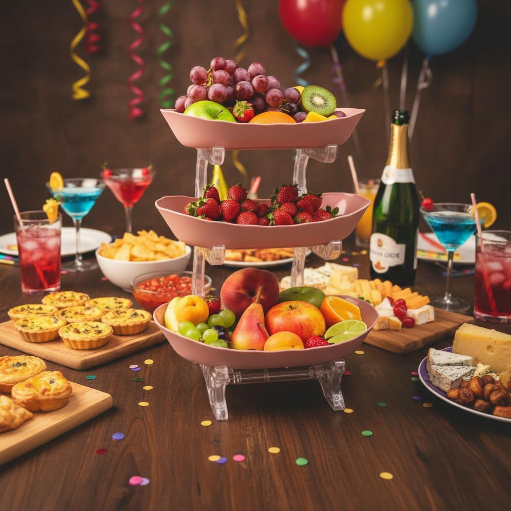 Fruit Bowl for Kitchen Counter, 3 Tier Plastic Serving Bowls with PP Stand, Tiered Fruit Basket for Fruits Vegetable Storage, Cake, Dessert, Snack, Nuts, Salad for Party Wedding