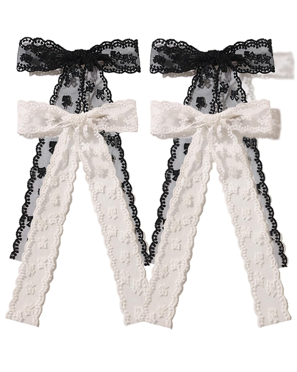XFYUZR 4Pcs Large lace Hair Clips for Women Girls,Lace Tassel Bows Metal Clips with Long Tail Ribbons,Cute Hair Bows Barrette for Hair Accessories(