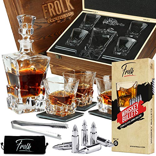 Frolk Whiskey Decanter and 4 whiskey glasses set bundle with 6 whiskey bullets Premium whiskey gift set