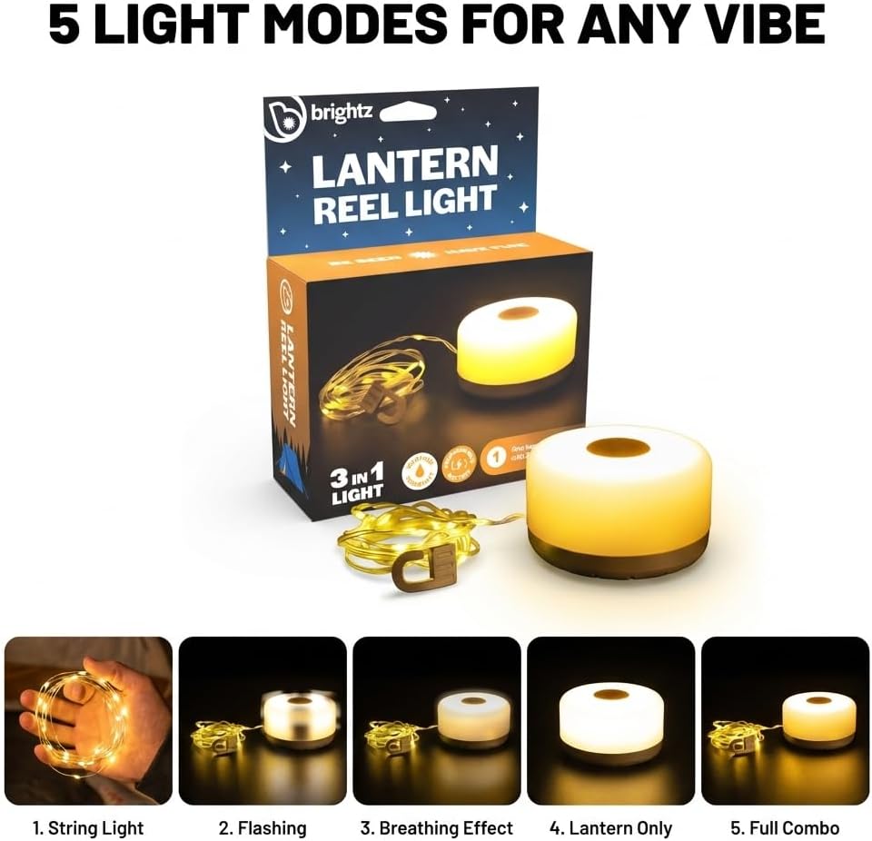 Brightz Lantern Reel Light – 3-in-1 Rechargeable Camping Lantern & Retractable String Lights, Weather Resistant – 5 Modes, 1-Hour Fast Charge, 26ft – Camping, Glamping, Backyard, Tent