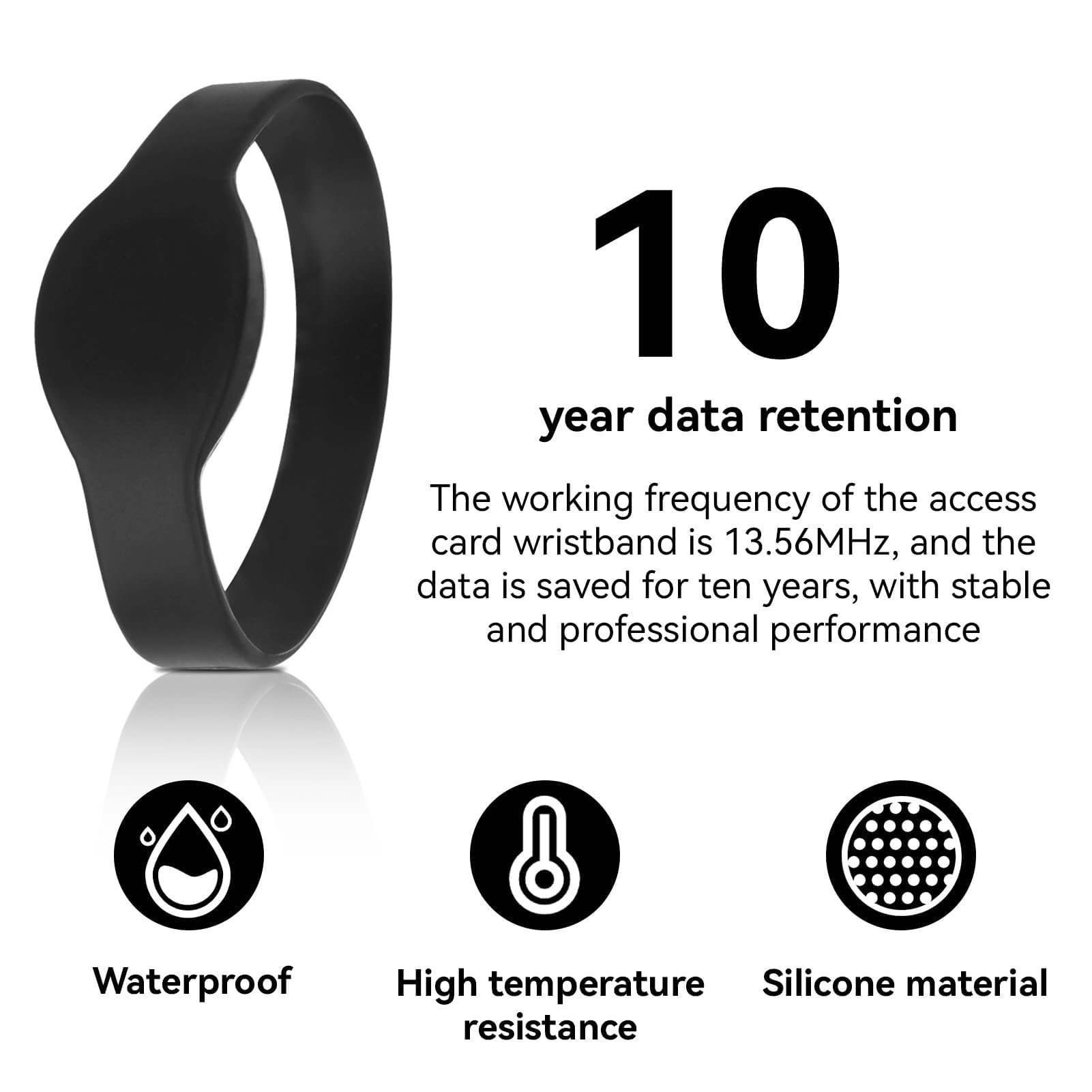 Agatige RFID Wristband, 10 Pezzi 13,56 MHz Carta D'identità Braccialetti in Silicone Scheda IC Impermeabile con Cinturino, Utilizzata per Controllo degli Accessi, Piscina, Sauna(Nero)