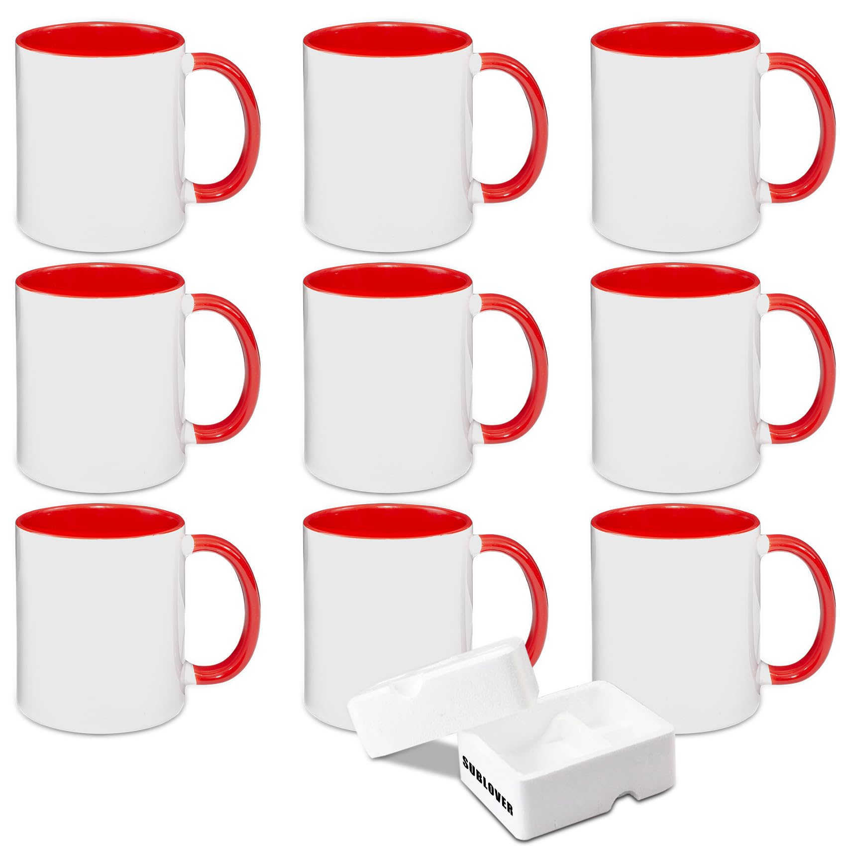 SUBLOVER Set of 9 Sublimtion Blanks Ceramic White Tazas Para Coffee Mugs 11OZ Sublimation Cups Bulk For Christmas for Mug Press Machine,Color Inner and Handle(Red)