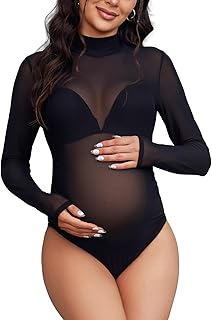 Bhome Mock Neck Maternity Bodysuit for Photoshoot Sheer Mesh Maternity Photography Outfits