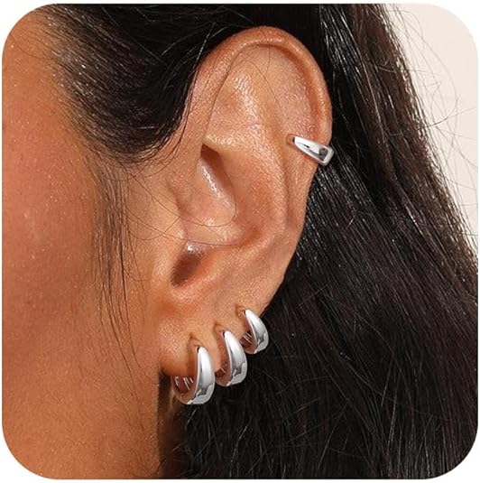 4PC Small Hoop Earrings for Women No Tarnish - Dainty Chunky Silver Earrings Trendy 925 Sterling Silver Plated Hypoallergenic Huggie Hoops Earring Set for Women Silver Jewelry Gift