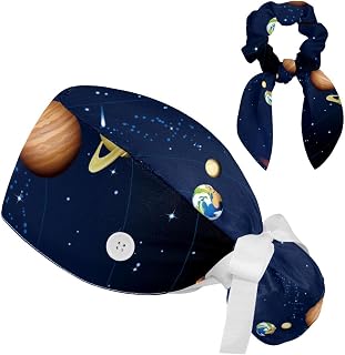 FVQL 2 Pieces Surgical Cap for Long Hair Scrub Cap with Hairband Nurse Cap, Sun and Planet Cartoon