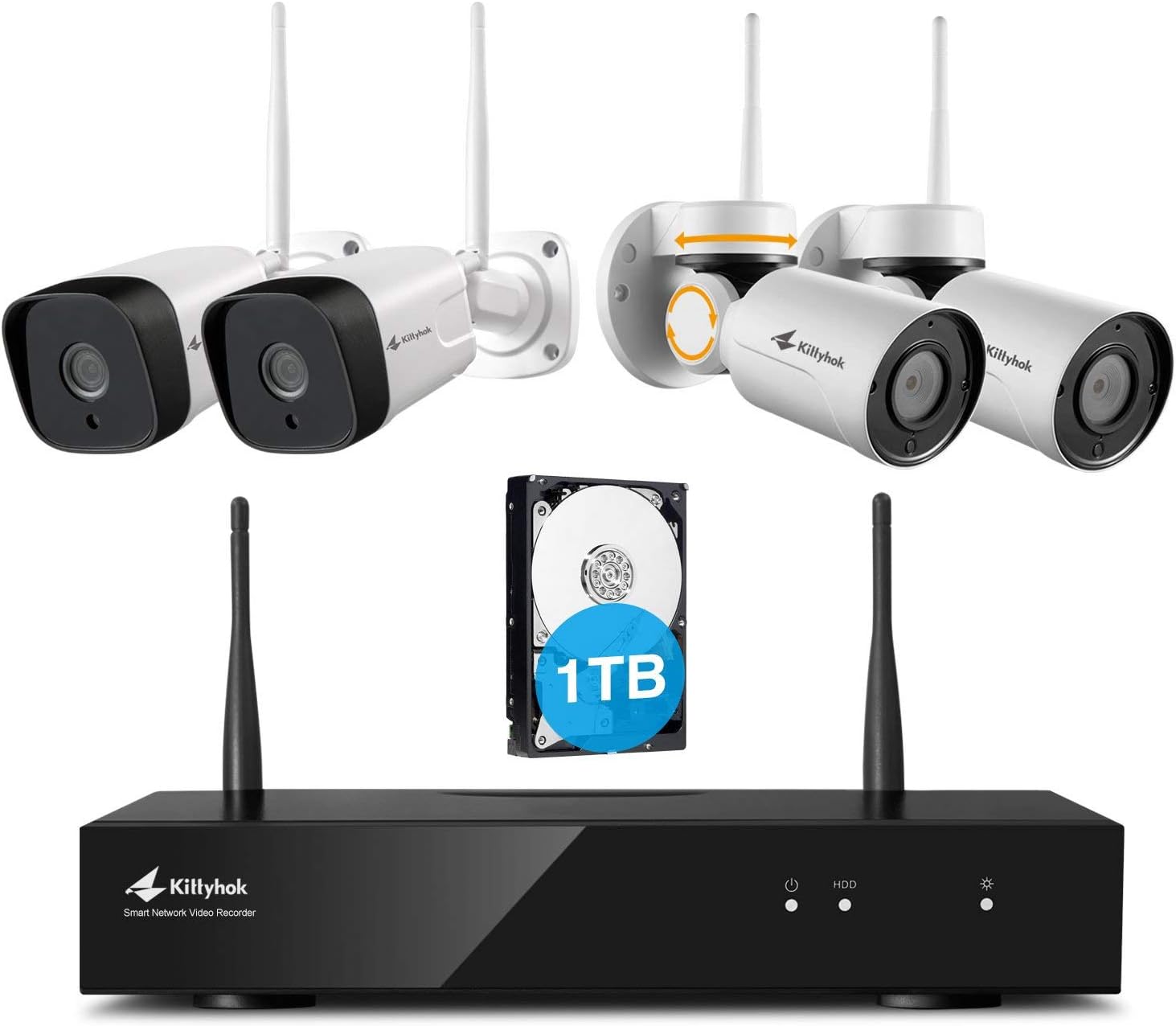 Kittyhok 8CH Wireless Security Camera System, 2pcs 1080P PTZ WiFi Camera 2pcs 2MP Bullet Camera Outdoor/Indoor, 100ft Night Visioin, Weatherproof, Motion Detection, Remote View Control, 1TB HDD