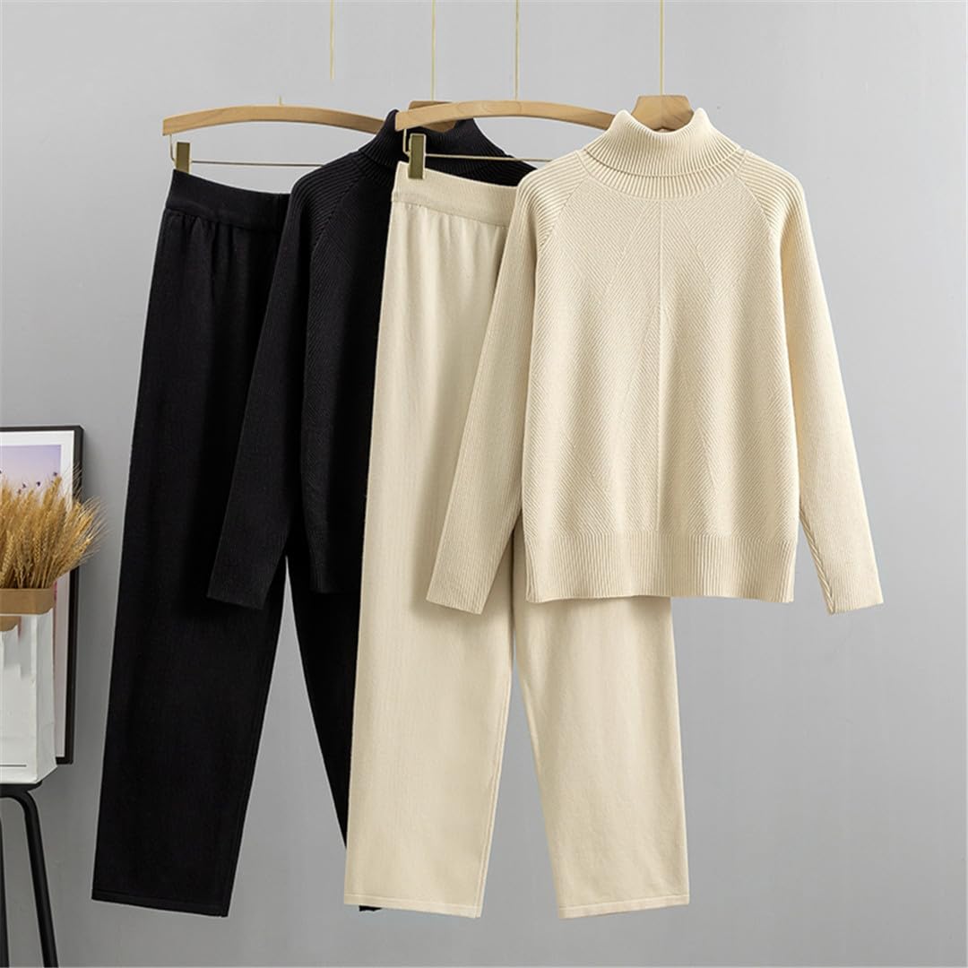 Tuta da Donna in Maglia A Due Pezzi Autunno Inverno Caldo Maglione A Collo Alto Set Moda Casual Pantalone da Donna