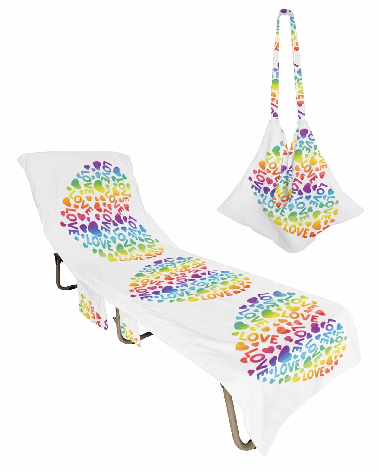Colorful Love Heart Beach Lounge Chair Towel Cover, Soft Chaise Lounge Towel with Side Pockets Patio Pool Chairs Cover for Beach/Pool Sunbathing 29x85 Watercolor Rainbow Ombre