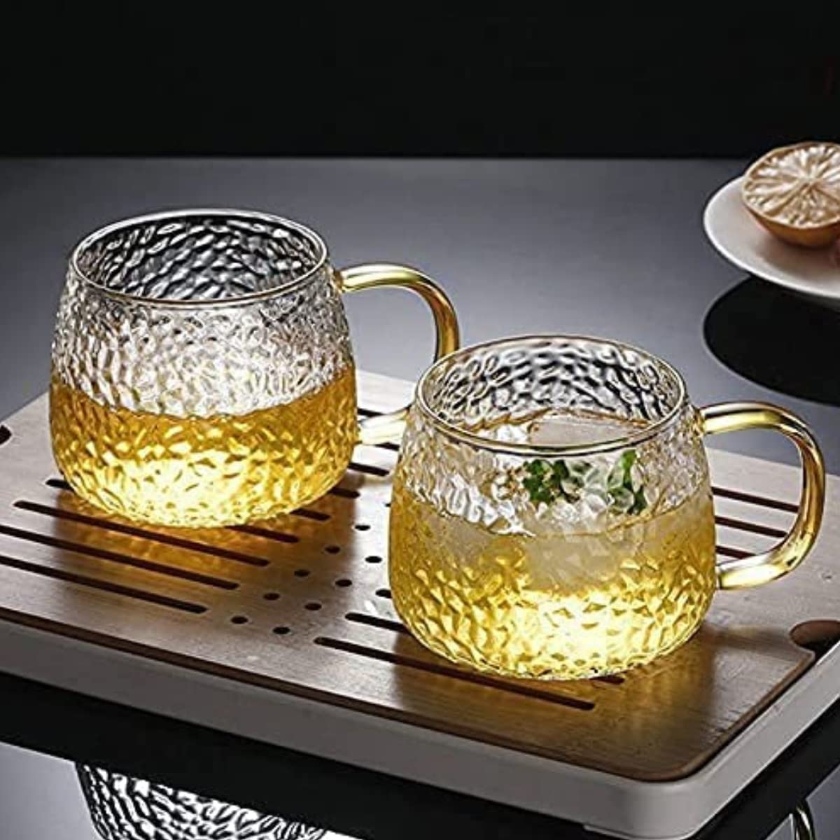 Shivaaro Tea and Coffee Cup Glass Mug with Golden Handle Set of 2 Used for Tea, Coffee, Green Tea, Herbal Tea, Lemon Tea Cup (Microwave Safe) (410 ml)