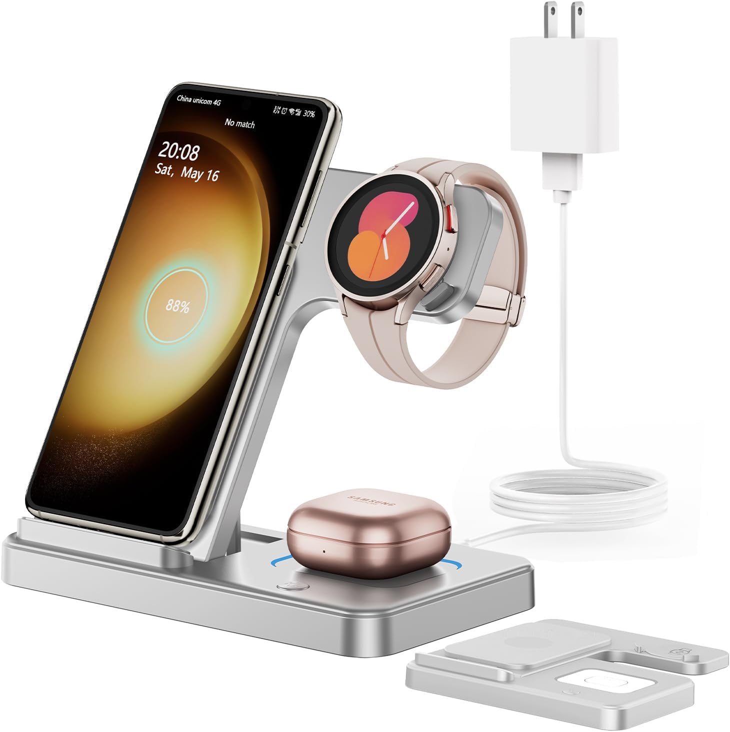 Wireless Charger for Samsung Charging Station: GEEKERA 3 in 1 Foldable Phone Charger Stand for Galaxy Watch6/5 Pro/4/3/Active, S24 Ultra/S24 Plus/S23/S22/S21, Z Fold/Flip Series, Android, Buds 2 Pro