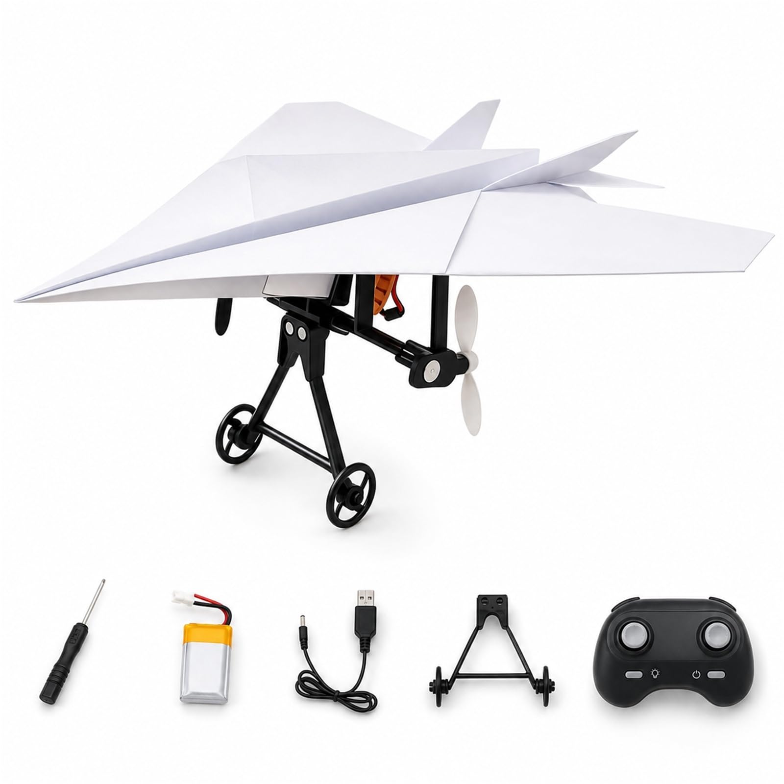 RC Paper Airplane Kit With Gyro Stabilizer DIY Electric Remote Control Plane Motor Kit With Dual Propellers For Folded Paper Planes, Hobby Flying And Outdoor Play(Single Battery)