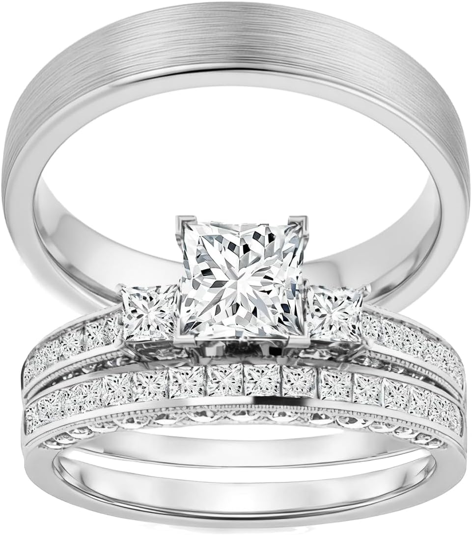 10K 14K 18K Real Gold Matching Couple Ring Set for Her and Him Moissanite Matching Wedding Bands Ring for Women and Men Couple Engagement Rings Set 925 Silver 3pcs Bridal Rings Sets Free Engraving
