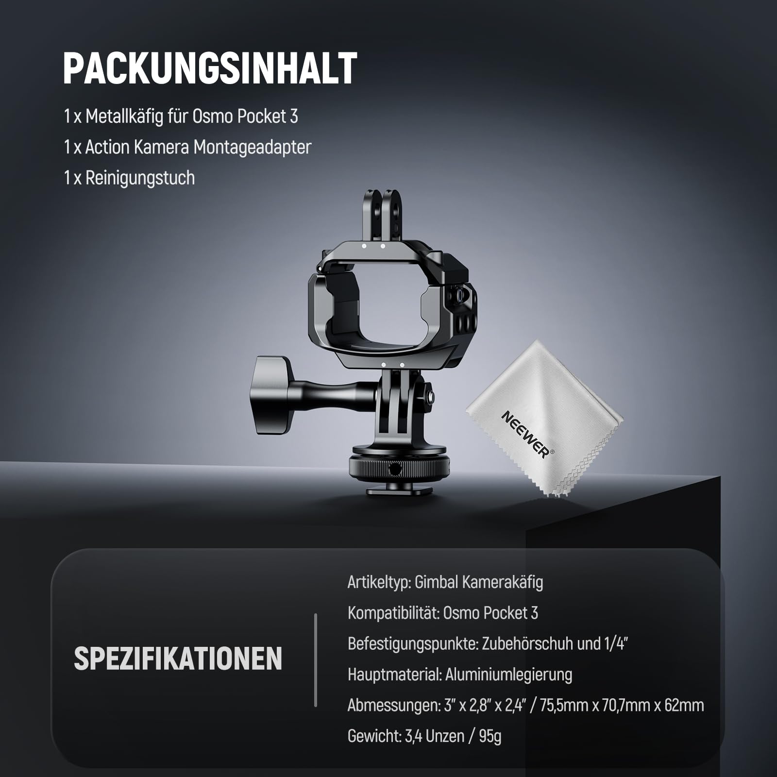 NEEWER Pocket 3 Käfig Kompatibel mit DJI Osmo Pocket 3 & Creator Combo Zubehör, Gimbal Videoaufnahme Erweiterung Rig mit Action Camera Adapter, 1/4" Gewinde, Cold Shoe, Reinigungstuch, AC009