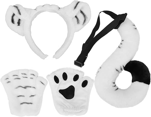FRCOLOR Disfraz de tigre, diadema y cola de orejas de tigre, disfraz de animal para cosplay, accesorios de disfraz de Halloween (blanco)