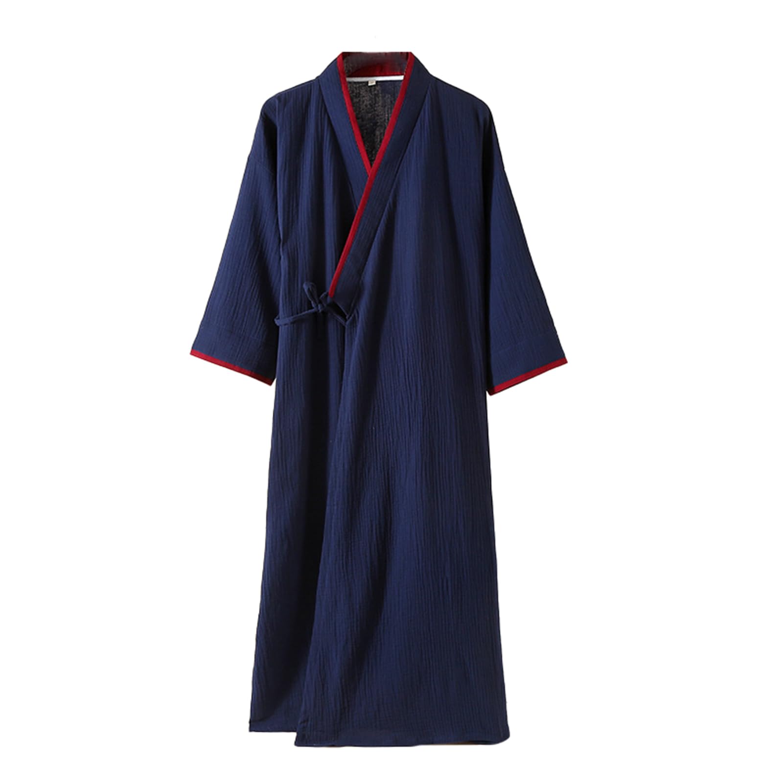 TIANQIHAO Mens Kimono Robe Lightweight Soft Bathrobe Sleepwear Japanese Long Robe Loungewear With Pockets,Navy Red-Large