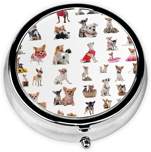 Lindo Chihuahua Pug patrón impreso portátil pastillero caja redonda mini pastillero pequeño contenedor de píldoras caja organizadora de píldoras al