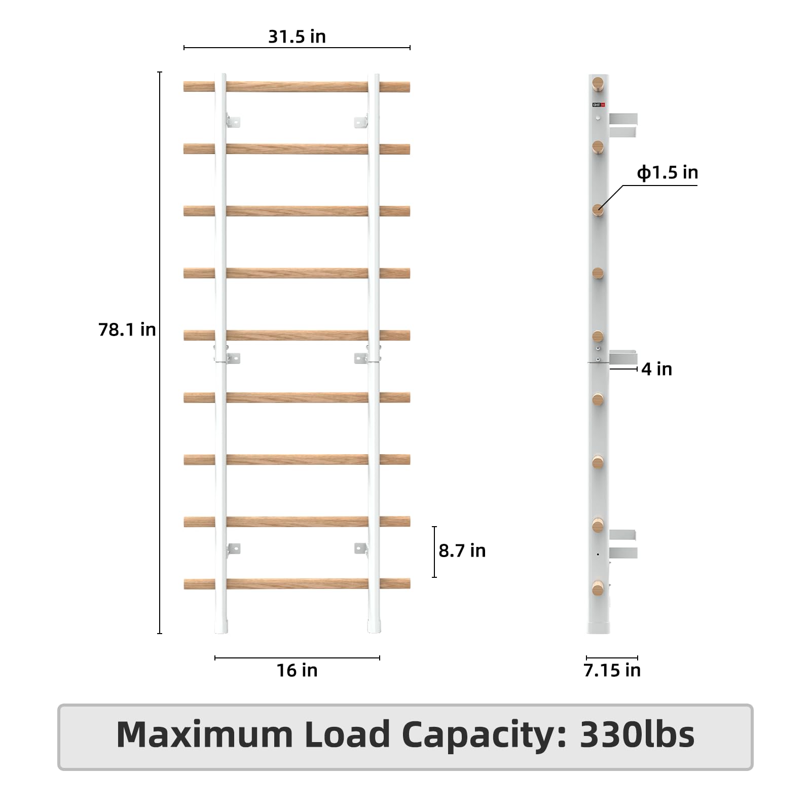 DHT Wood Stall Bar, Swedish Ladder Suspension Trainer with 9 Strategic Rods, for Home, Gym, School and Clinics, White