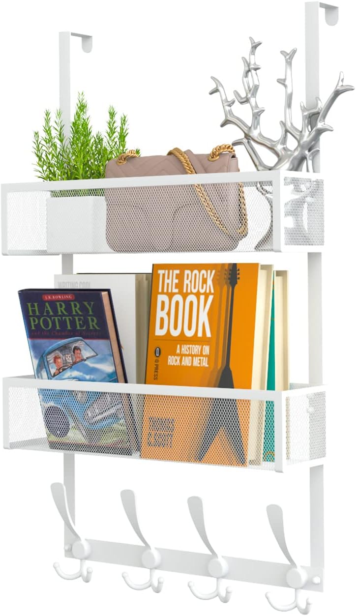 Over The Door Hooks Organizer,Coat Rack with 12 Hooks and 2 Mesh Baskets,Back of Door Storage Organizer for Bathroom,Bedroom,Kitchen,Office(White)