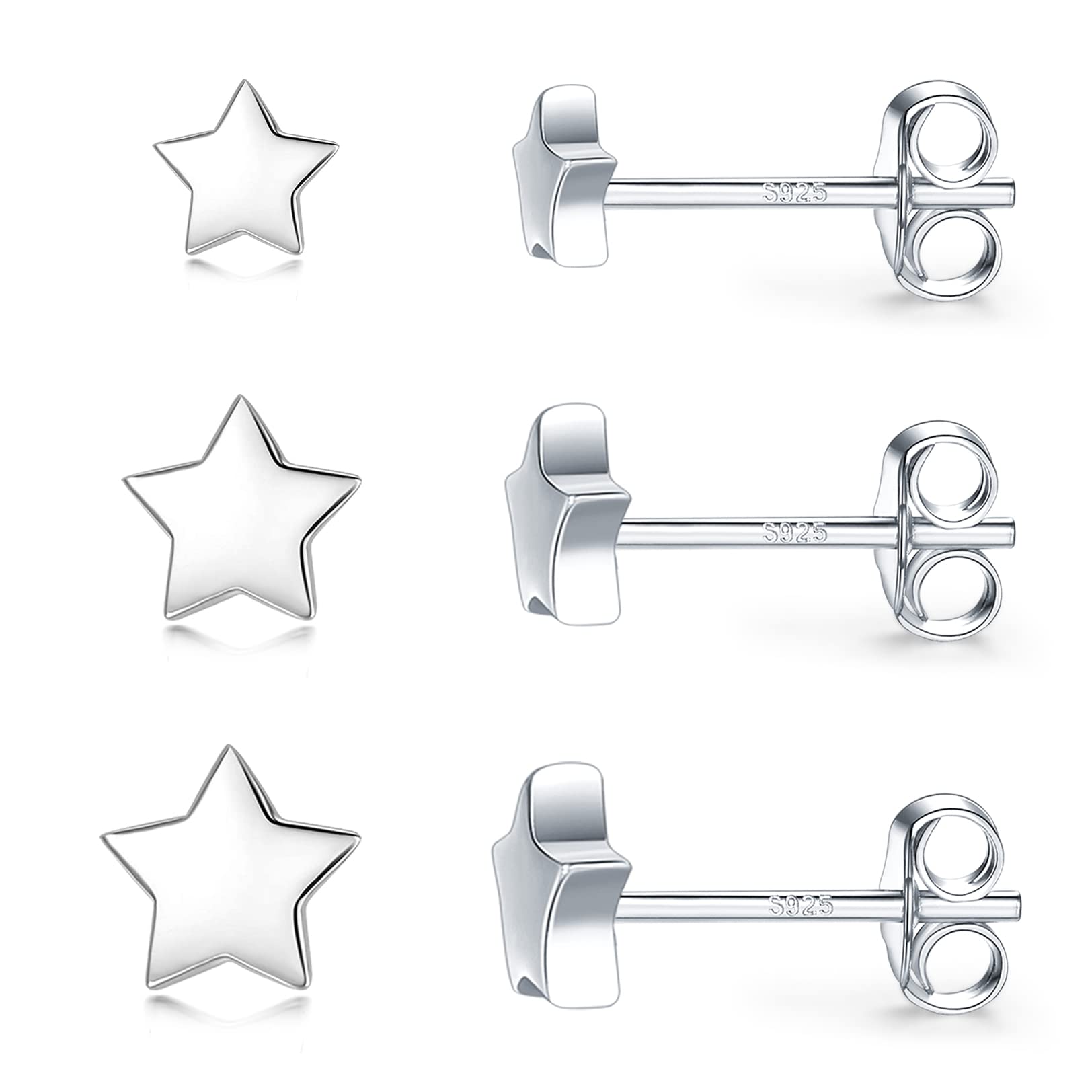 3 Pairs 925 Sterling Silver Star Stud Earrings for Women,Tiny Simple Geometric Stud Earrings Set Small Hypoallergenic Cartilage Tragus Ear Jewellery