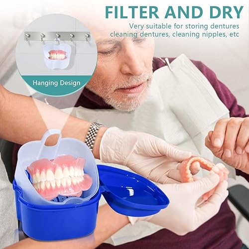 Miniatura 5 de OBTANIM Paquete de 2 fundas de baño para dentaduras postizas, contenedor de almacenamiento con cesta coladora para retenedores, limpieza de dientes