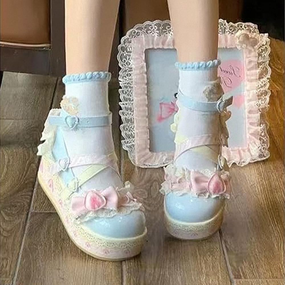 Damen Lolita Mary Jane Schuhe Gothic Runde Zehenpartie Klobiger Plateauabsatz Spitze Bunt Punkrock Süß Kawaii Mit JK Bubble Princess-Kleid Denim-Lederrock Jeans