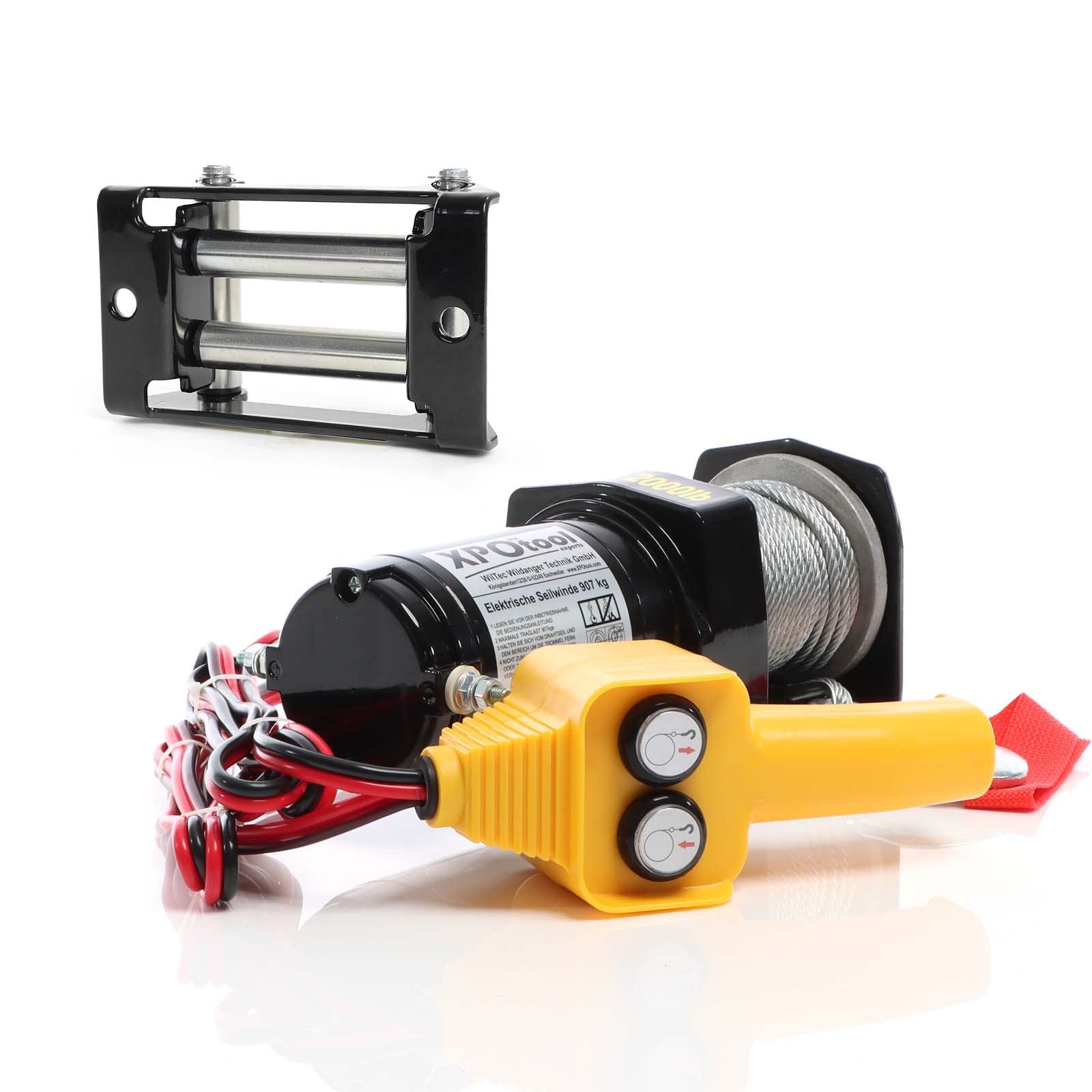 XPOtool Set Elektrische Seilwinde 907kg 12V, Seilzug mit 12,5m Stahlseil, 1PS Motorwinde u. Rollenfenster, Windenfenster mit 4 Rollen Lochabstand 109mm, Seilrollenfenster