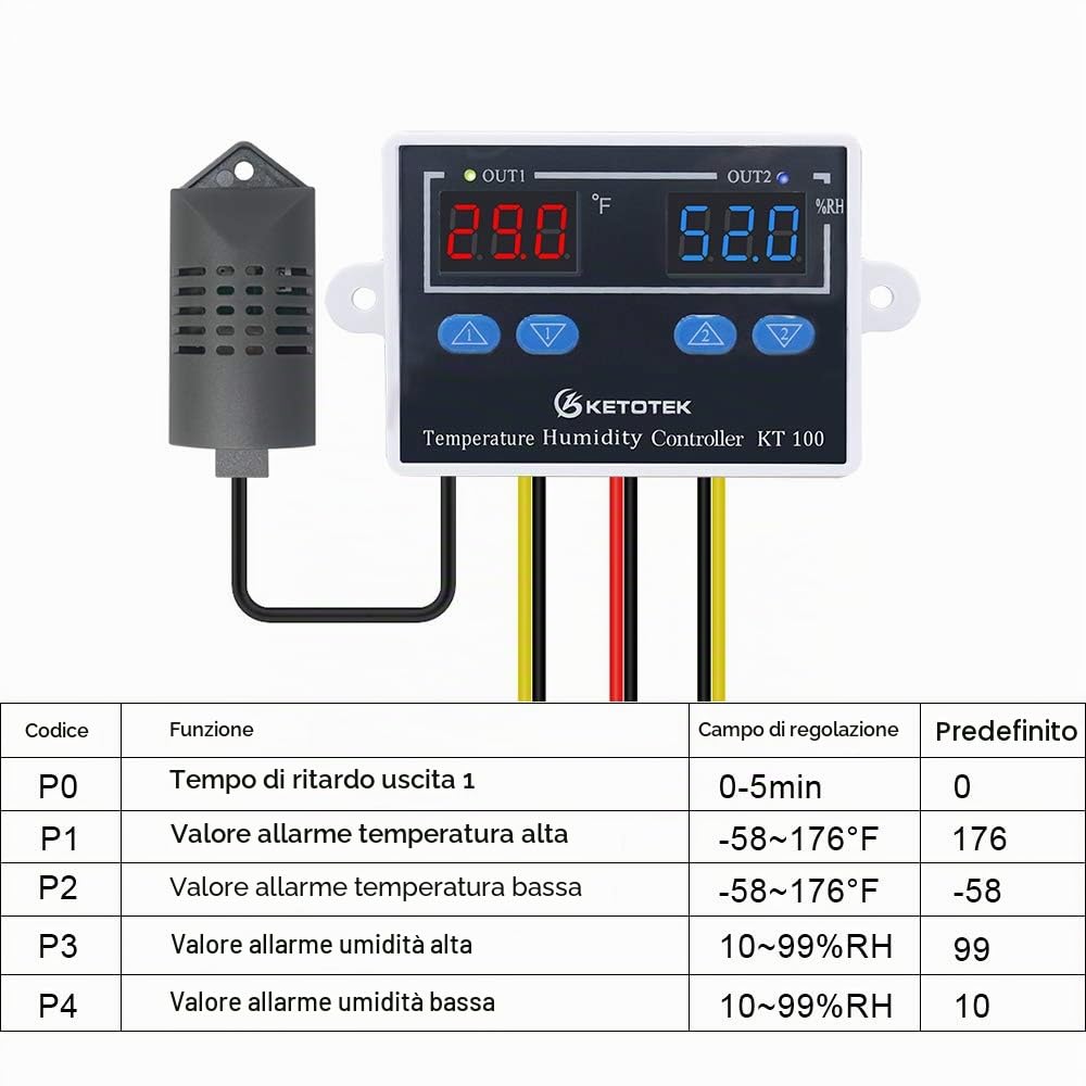 KETOTEK Regolatore di Temperatura e Umidità, Digitale Termoregolatore con Sonda, Termostato Umidostato 220V, Riscaldamento Raffreddamento Umidificazione Deumidificazione Controller
