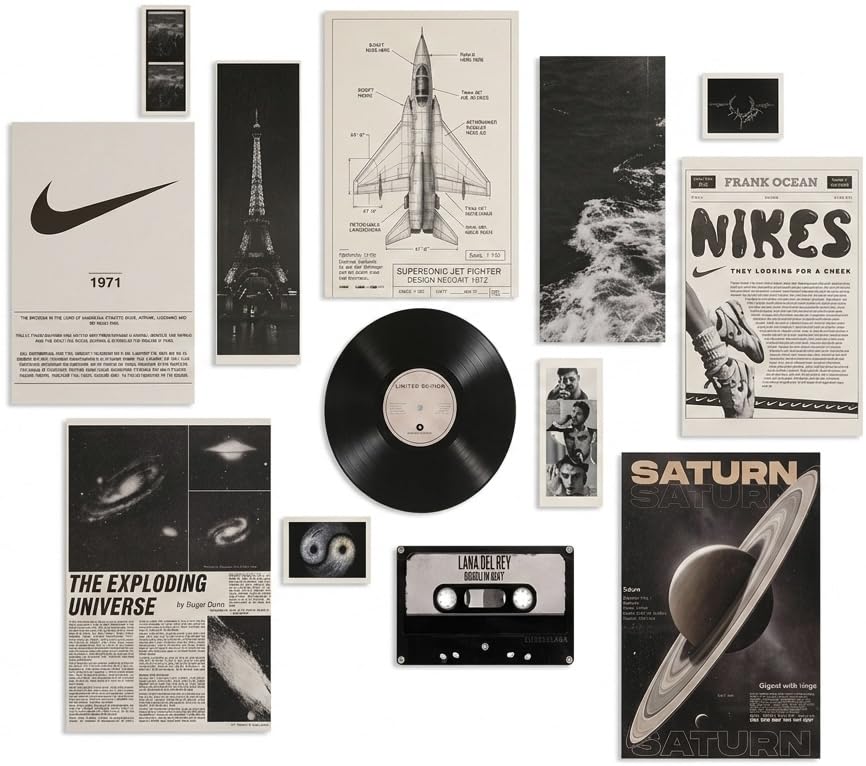 Image of 11 Piece Vintage Aesthetic Poster Set | 300 GSM Multi-Sized Wall Posters with Adhesive Tape | Nike, Space, Saturn, Music & Retro Art Prints for Bedroom, Room Decor, Home Decor & Wall Art