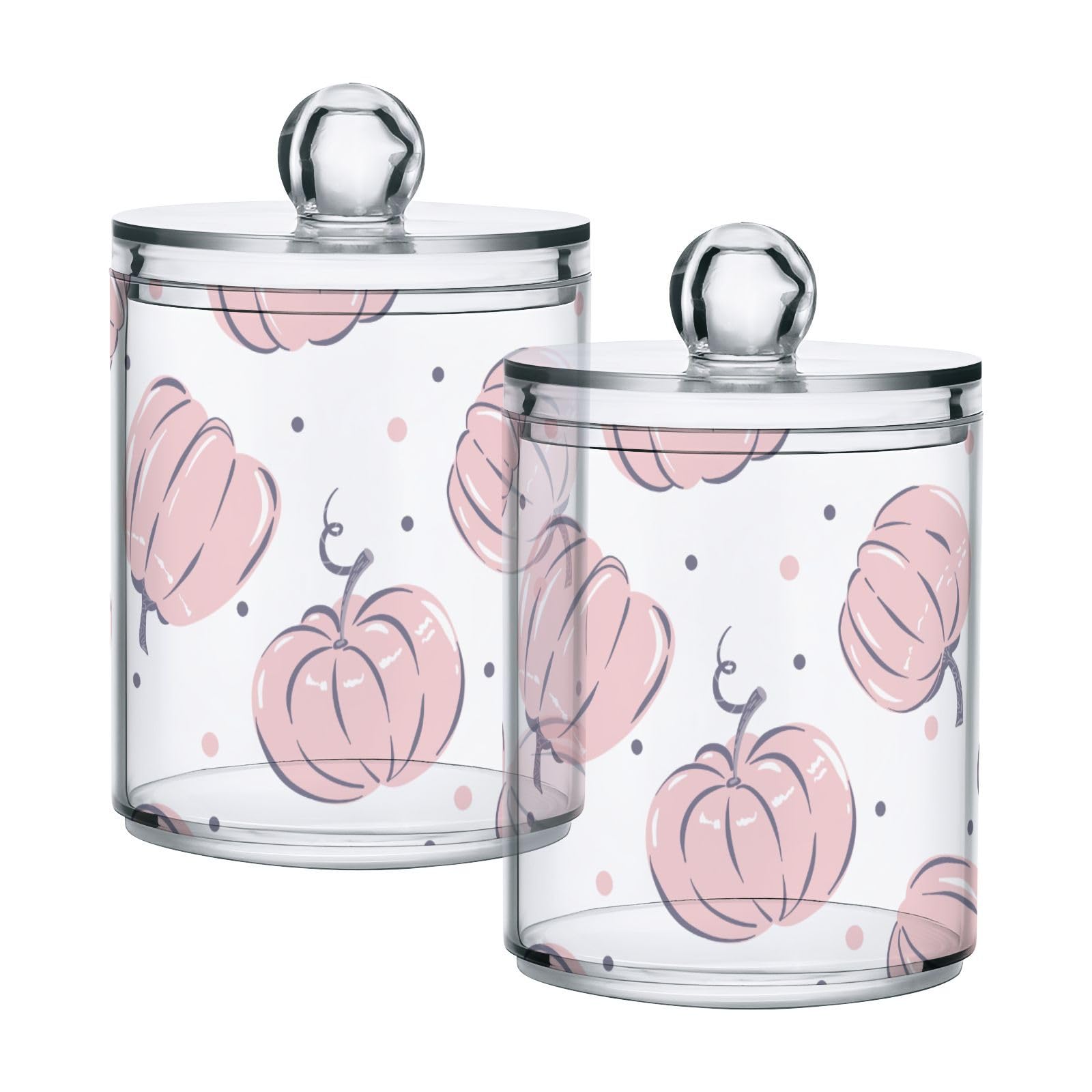 Pink-pumpkins-white-pattern Restroom Bathroom Organizers with Lid Qtip Holder Dispenser Apothecary Jars Cotton Balls Pads Swabs Holder Jar 4