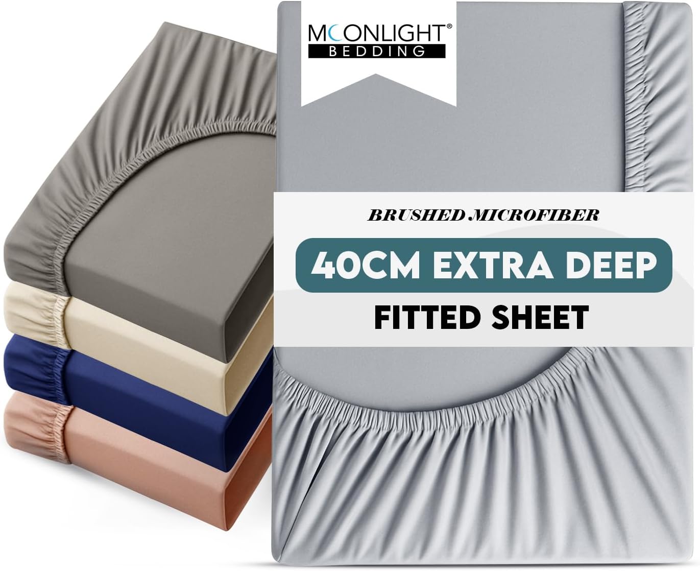 Moonlight Bedding Fitted Sheet 40 Cm Extra Deep Pocket Bed Sheets 16 inch Ultra Soft Bottom Sheet Brushed Microfiber Breathable Shrinkage and Fade Resistant (Silver, Double)