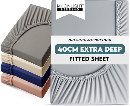 Moonlight Bedding Fitted Sheet 40 Cm Extra Deep Pocket Bed Sheets 16 inch Ultra Soft Bottom Sheet Brushed Microfiber Breathable Shrinkage and Fade Resistant Silver, Double