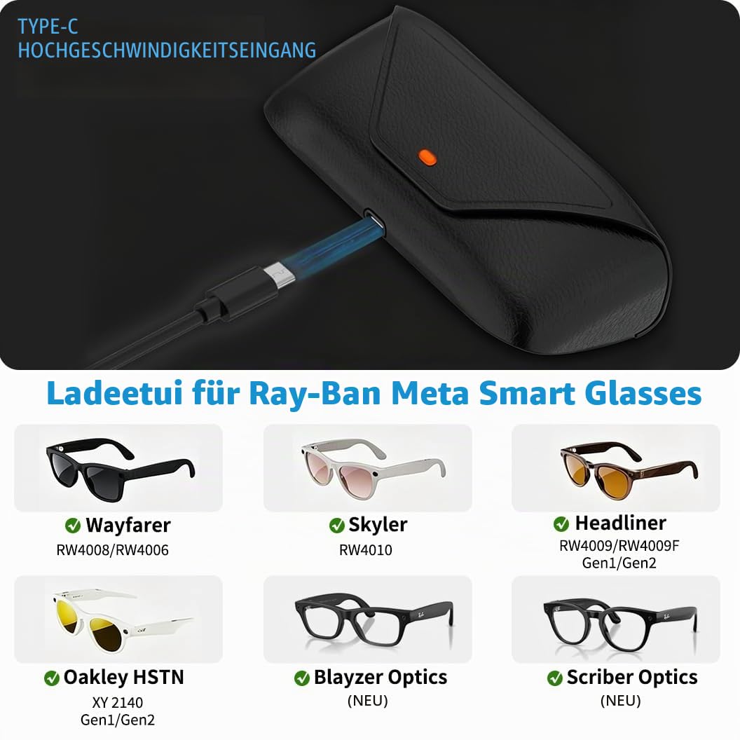 Ersatz-Ladekoffer kompatibel mit Ray-Ban Meta Wayfarer/Skyler/Headliner, für Oakley Meta HSTN Gen 1/Gen 2 AI Smart Glasses Ladebox Tragbare Ladestation (Kein Kabel)
