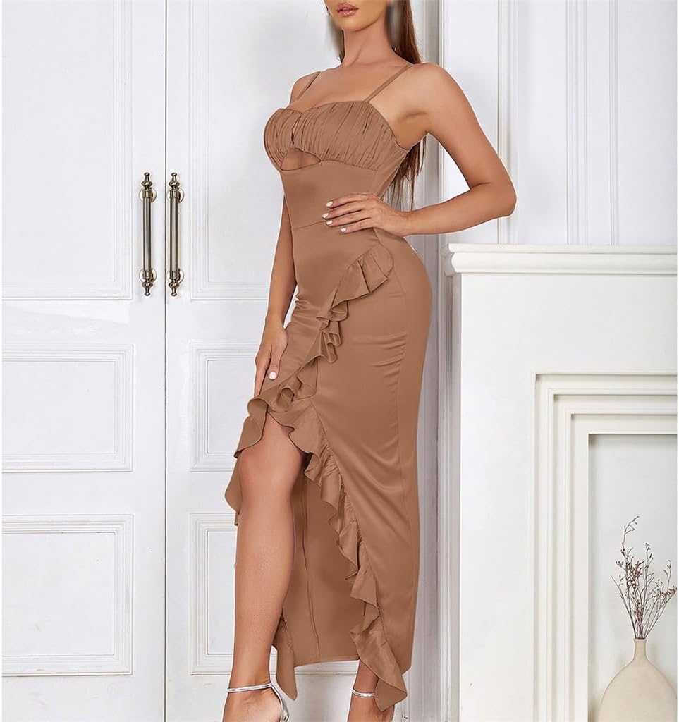 JSEIAJB Halter Sheath Pleated Ruffle Irregular Long Dresses