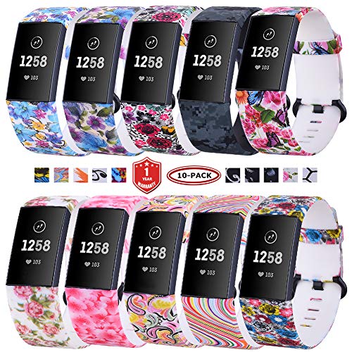 FunBand Compatible with Fitbit Charge 3/Charge 4 Strap Bands,Unique Elegant Floral Pattern Printed Soft Silicone Sport Adjustable Replacement Bracelet for Charge 3/Charge 4 Fitness Activity Wristband