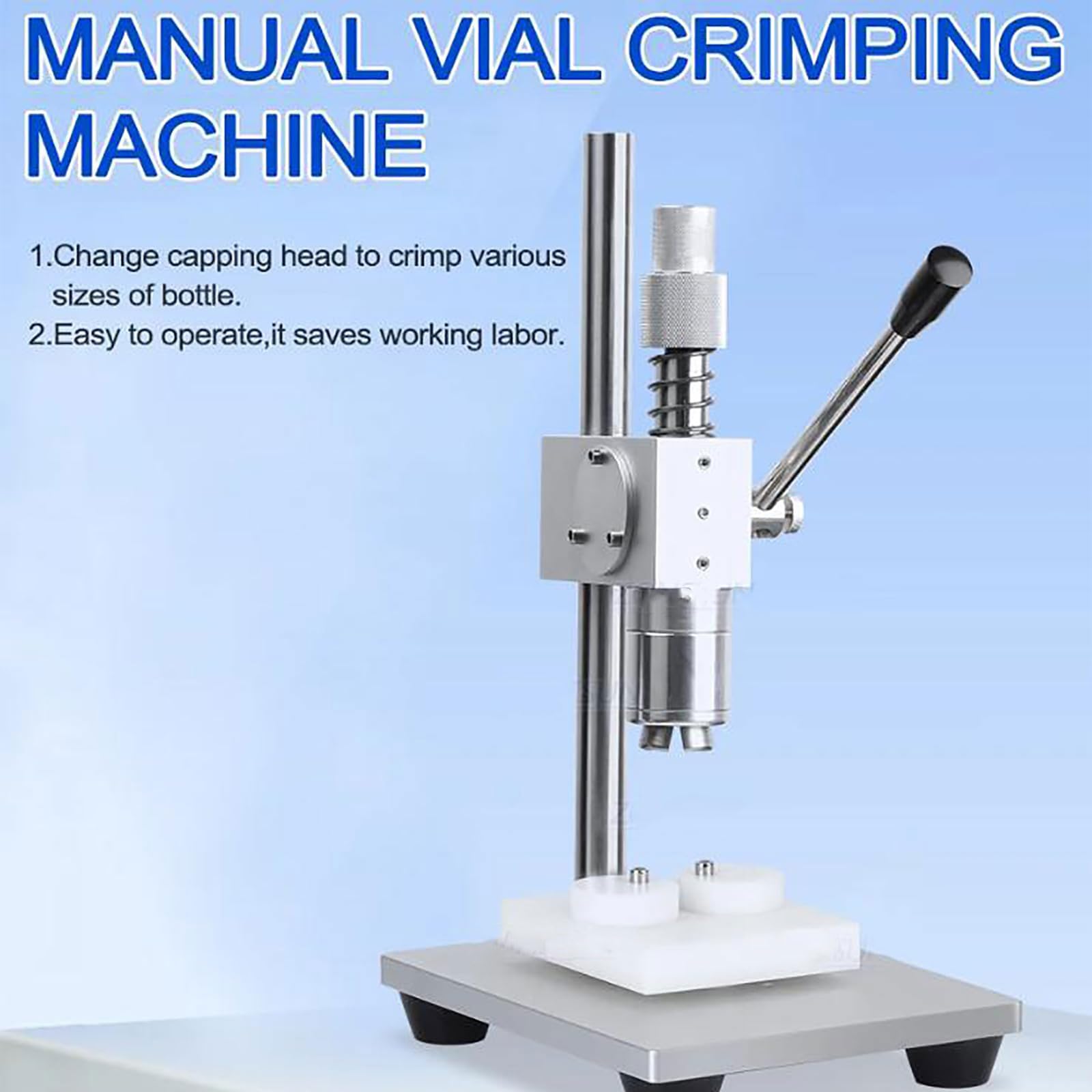 Prensadora manual, prensadora de acero inoxidable, máquina de sellado de viales de escritorio con mango antideslizante, máquina tapadora de botellas de vidrio de 13-28 mm, altura ajustable, fácil