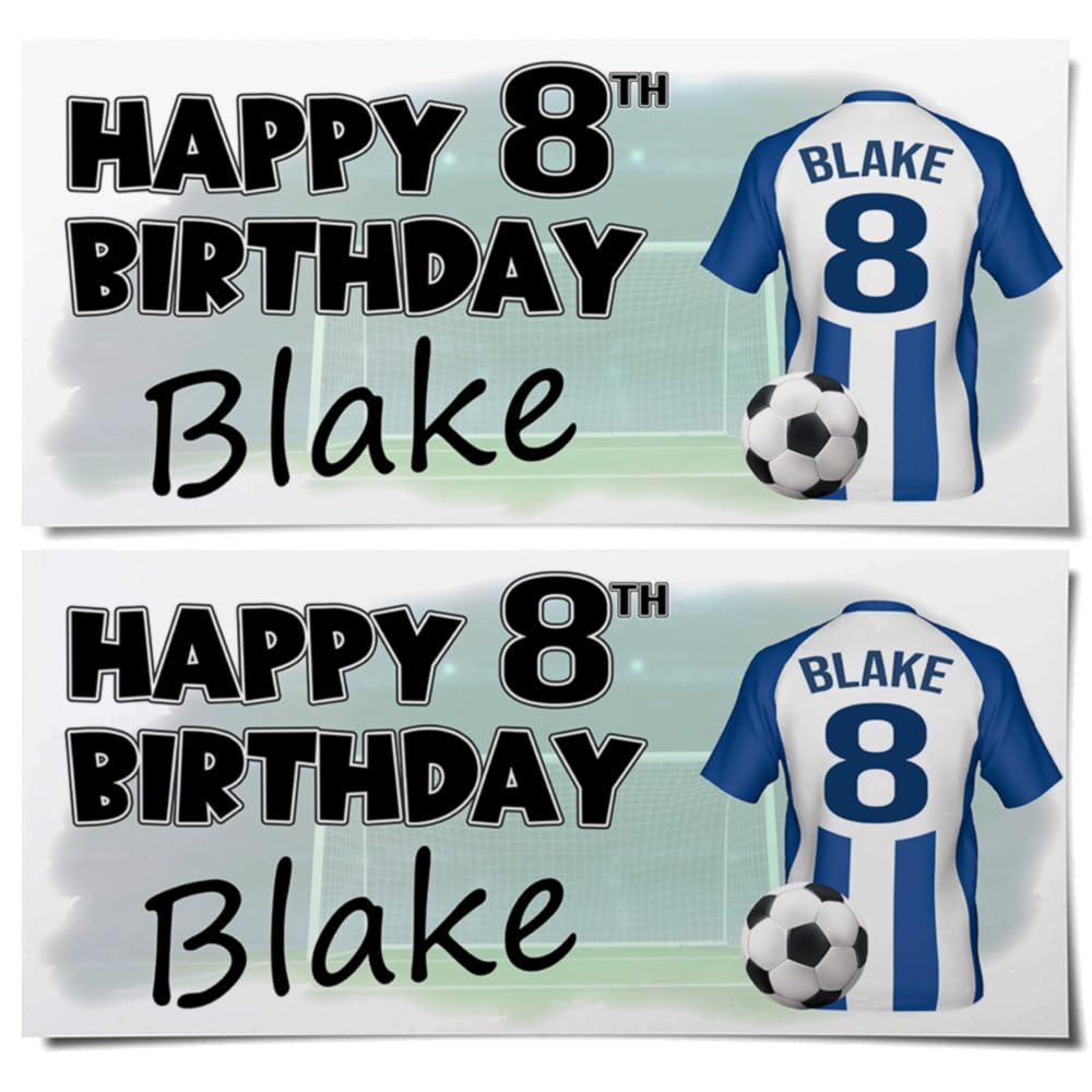 Personalised Football Birthday Banners – Blue and White Striped Colour Shirts with Any Name & Age/Number – Boys & Girls Party Decoration – Custom Birthday Supplies (Pack of 4)