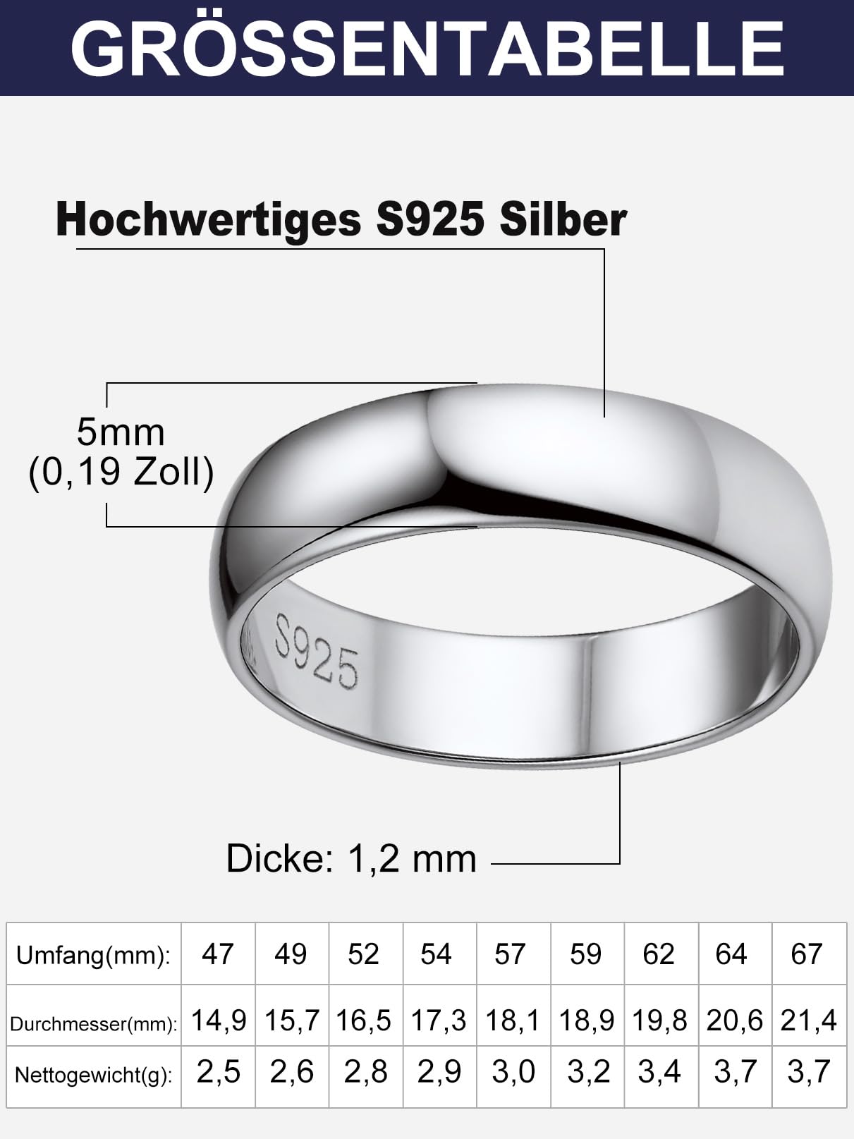 Bandmax Verlobungsring 925 Silber Ringe Damen Herren Ring Silber Ehering Trauringe 5mm breit Bandring Partnerring Silber Schmuck Ringgröße 47MM bis 67MM
