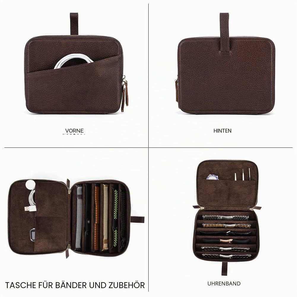 CONTACTS Uhrenarmbänder aus echtem Leder, mit Reißverschluss, Reisetasche, kompatibel mit allen Serien von Apple-Watch-Armbändern und Zubehör (Kaffee-6 Fächer)
