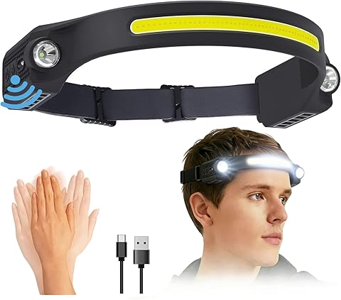 Linterna Frontal LED Recargable, Linterna Cabeza COB Impermeable con XPE Foco LED Lateral y Sensor de Movimiento para Camping Correr Acampar Pescar