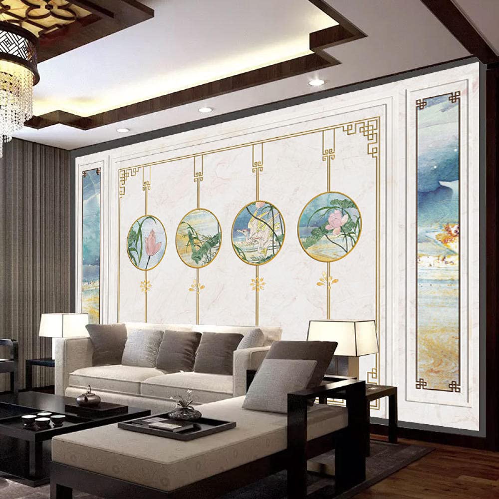 TV Background Wall Flower and Bird Wallpaper Living Room Sofa Mural Zen Hand-Painted Lotus Bedroom Seamless Wall covering-140cmx100cm