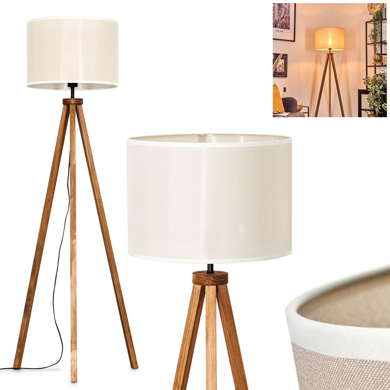 Hofstein Beige Bassagoda Floor Lamp, Wooden Floor Lamp In Natural Colours/, Scandinavian Design With Round Shade (Ø 40 Cm) And Foot Switch, Height 154 Cm, 1 X E27, Without Light Bulb