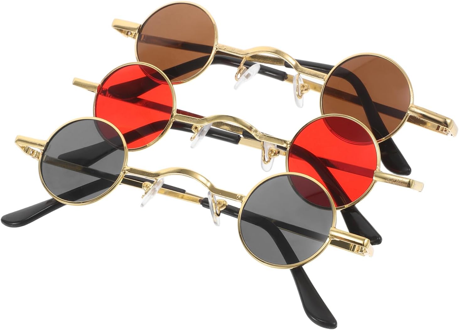 GLEAVI 3pcs Retro Steampunk Small round Sunglasses Set for Women Men, Gold Frame Vintage Circle Eyewear with Gray Red and Brown Lenses, Trendy Hippie Glasses for Party and Outdoor Use
