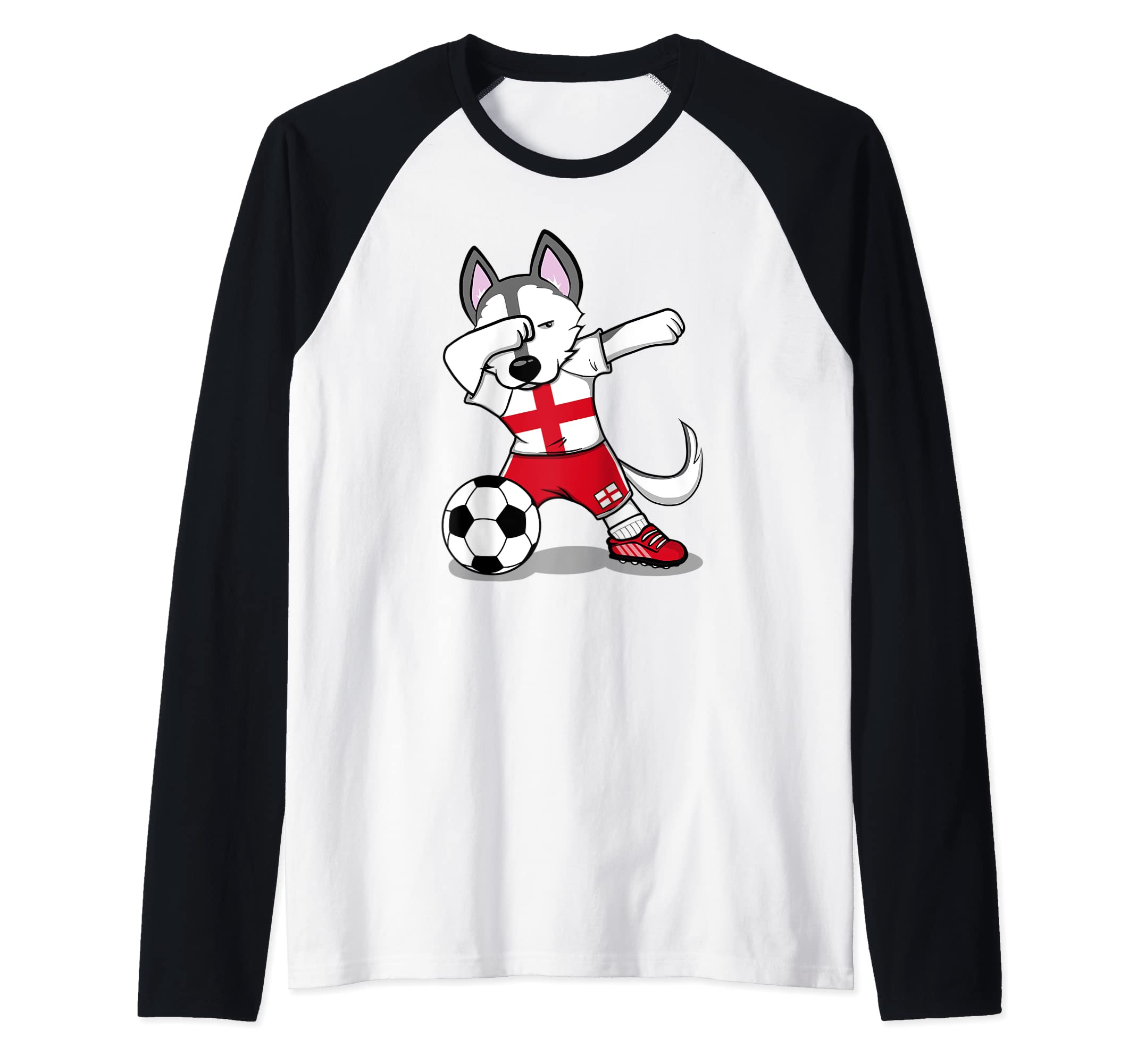 Husky Dabbing England Soccer English Flag Football Lovers Raglan Baseball Tee, Black