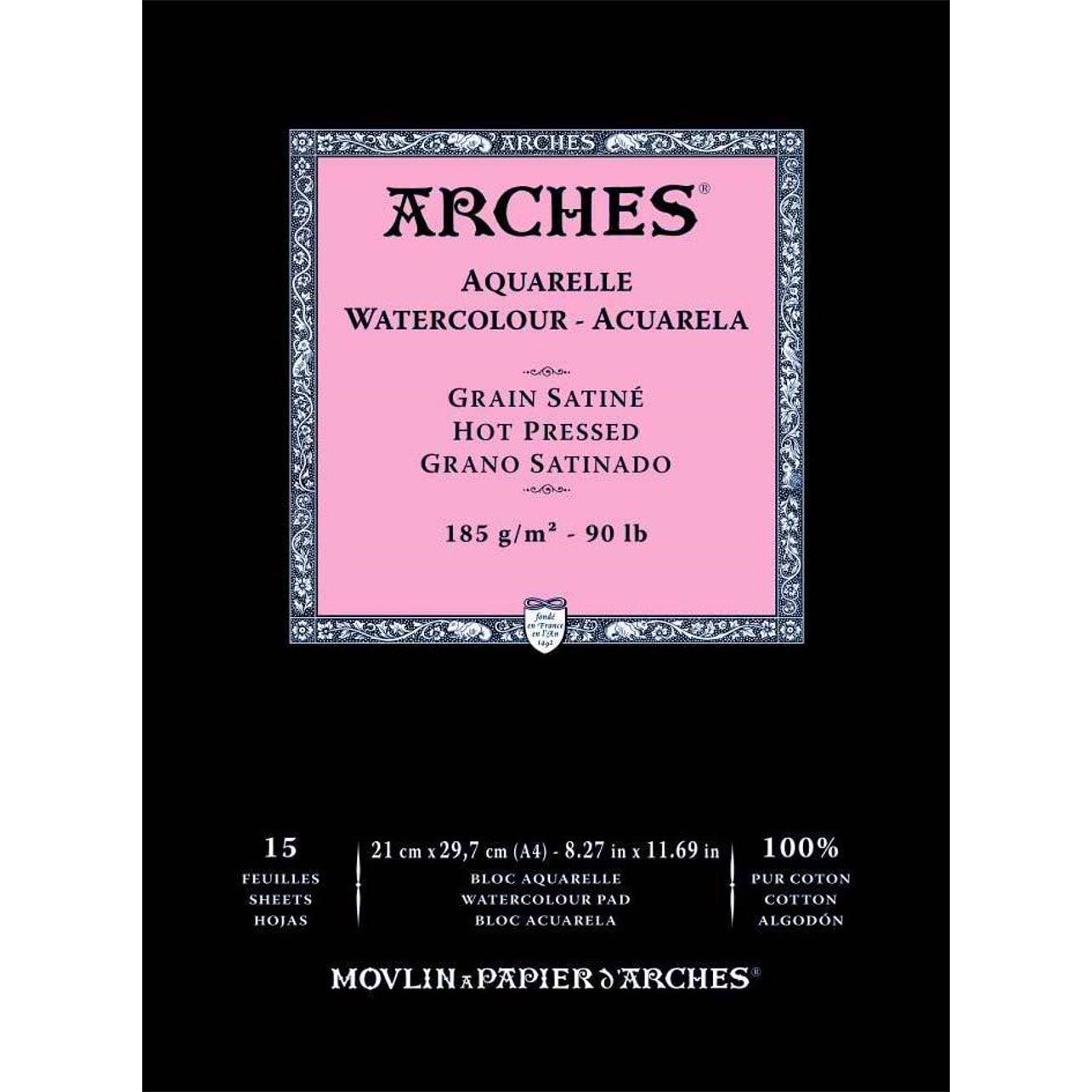 Arches Bloc para acuarela pegada, 1 lado (15 hojas) – grano satinado – blanco natural 185 g/m2 – A4