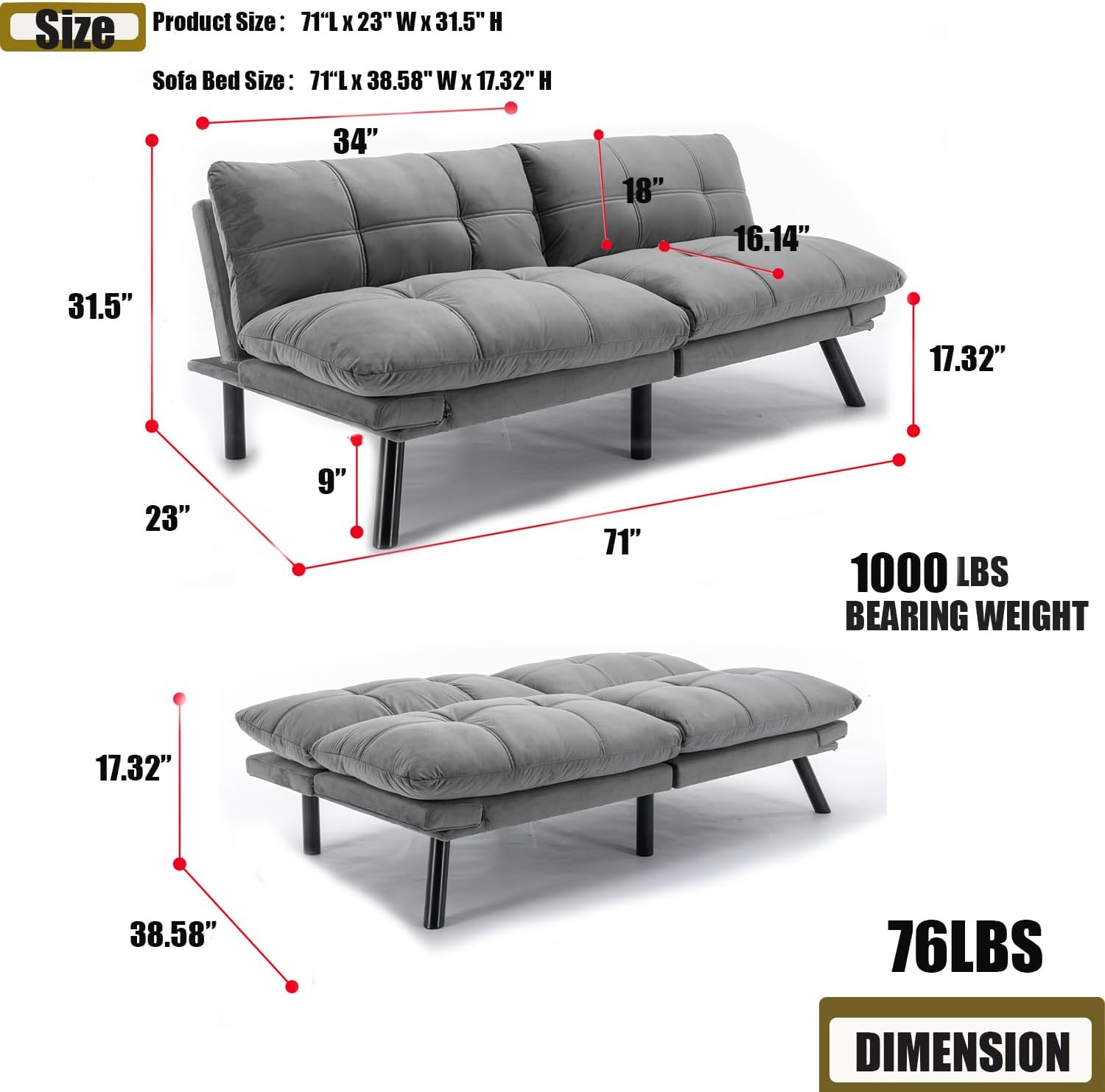 Modern Velvet Convertible Folding Futon Couch Sofa Bed Adjustable Pillow Top Arm Memory Foam Couch Double Loveseat Sofa for Compact Living Space,Dorm,Game Studio,Apartment,Bedroom (Light Grey)