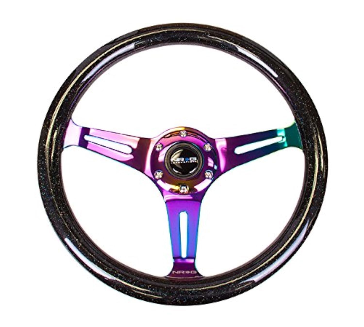 NRG Innovations NRG-ST-015MC-BSB Steering Wheel - 350mm 25mm Deep Configuration "Galaxy" Classic Wood Grain Wheel 3 Neochrome Spokes- Black Sparkled Color
