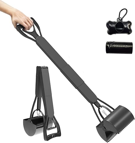 Pala para excrementos de 32 pulgadas para perros grandes y pequeños (negro) con mango largo, plegable, duradera, ligera, herramienta para recoger