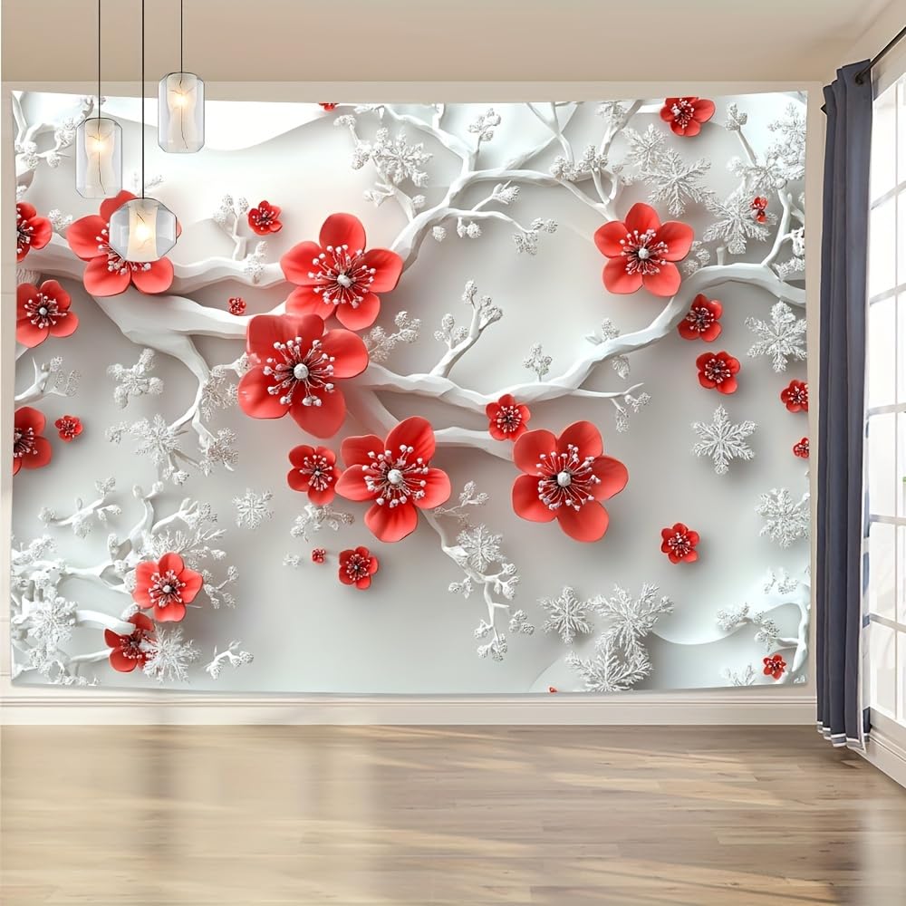 GLWDMH 200 x 180 cm styl reliefowy zimowe płatki śniegu i czerwone kwiaty śliwy gobelin, poliester wiszący na ścianie, do sypialni, biura, akademika, dekoracja na imprezę